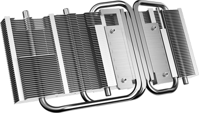 The rear of the heat sink, consisting of fins, heat pipes, and base plate